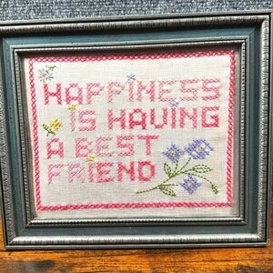 Framed Cross Stitch Happiness Is Having A Best Friend Pink Floral Wall Art 12x10